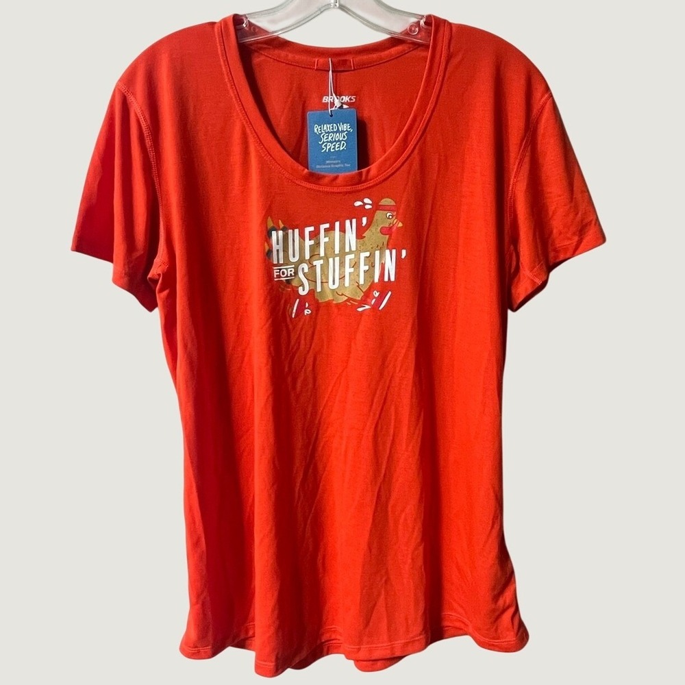 Brooks Distance Graphic Tee Womens Large NWT Thanksgiving Turkey Running Shirt